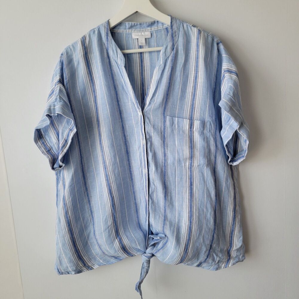 Charter Club Women's  Linen Striped Tie Top sz S  Light Blue Combo short sleeve